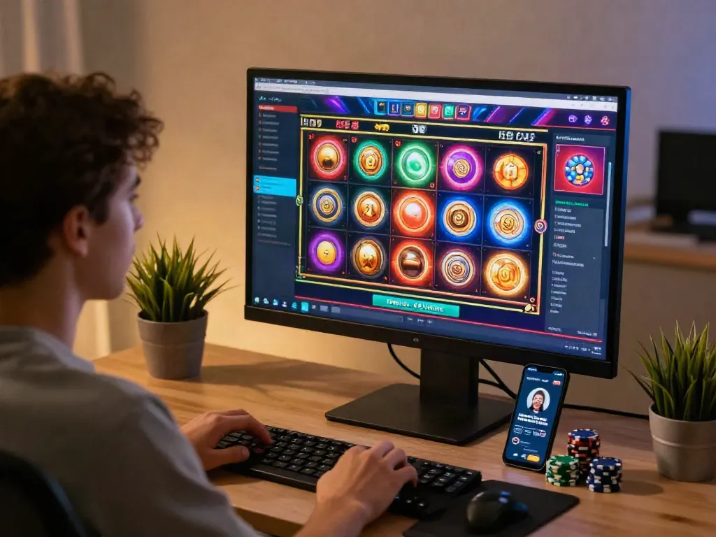 Online user enjoying a thrilling slot game on a computer, showcasing casino excitement and engagement.