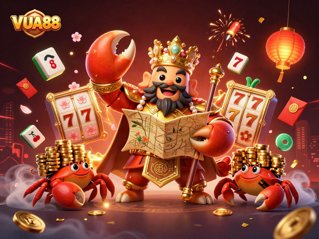 Join the VUA88 adventure with a golden crab emperor amidst vibrant casino elements.