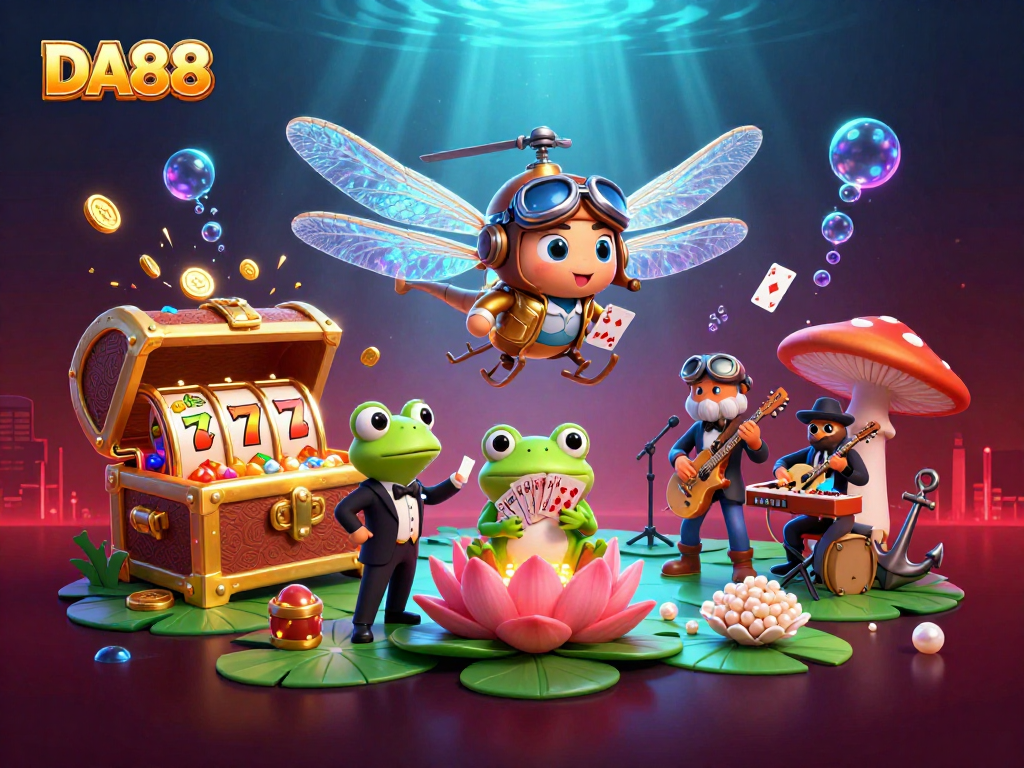 DA88 showcases vibrant casino elements with a dragonfly pilot and frog croupier in dynamic 3D art.