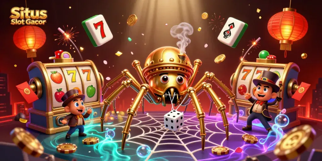 Situs Slot Gacor menunjukkan tampilan menarik antara laba-laba steampunk dan elemen permainan slot yang kaya warna.