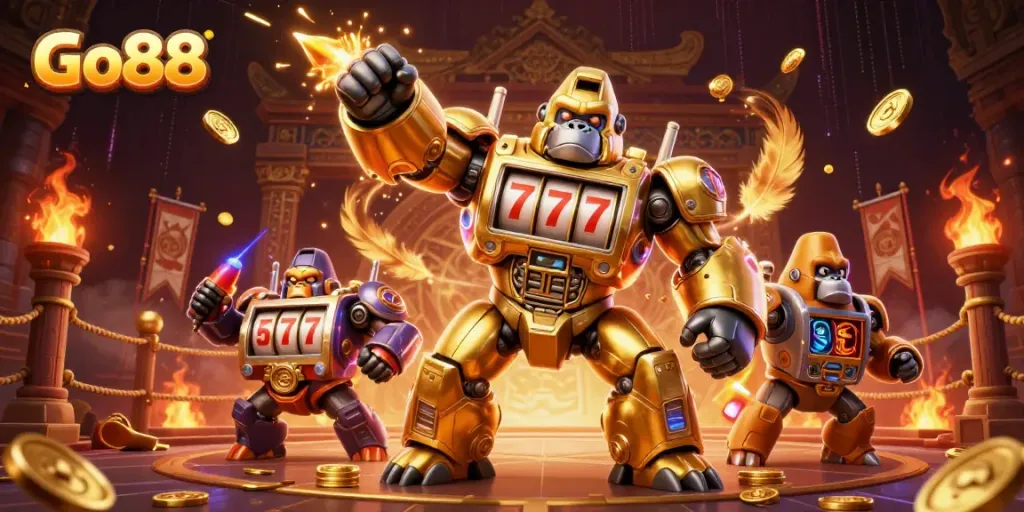 Engage with Go88's electrifying gaming universe featuring a dynamic gorilla mech and rich casino imagery.
