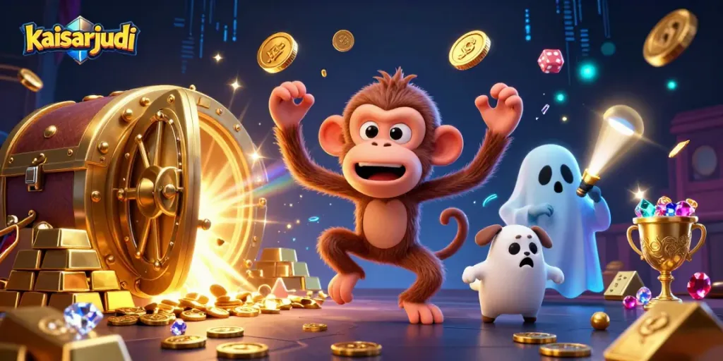 Kaisarjudi showcases thrilling gaming excitement as a mischievous poltergeist monkey juggles coins in a haunted casino atmosphere.