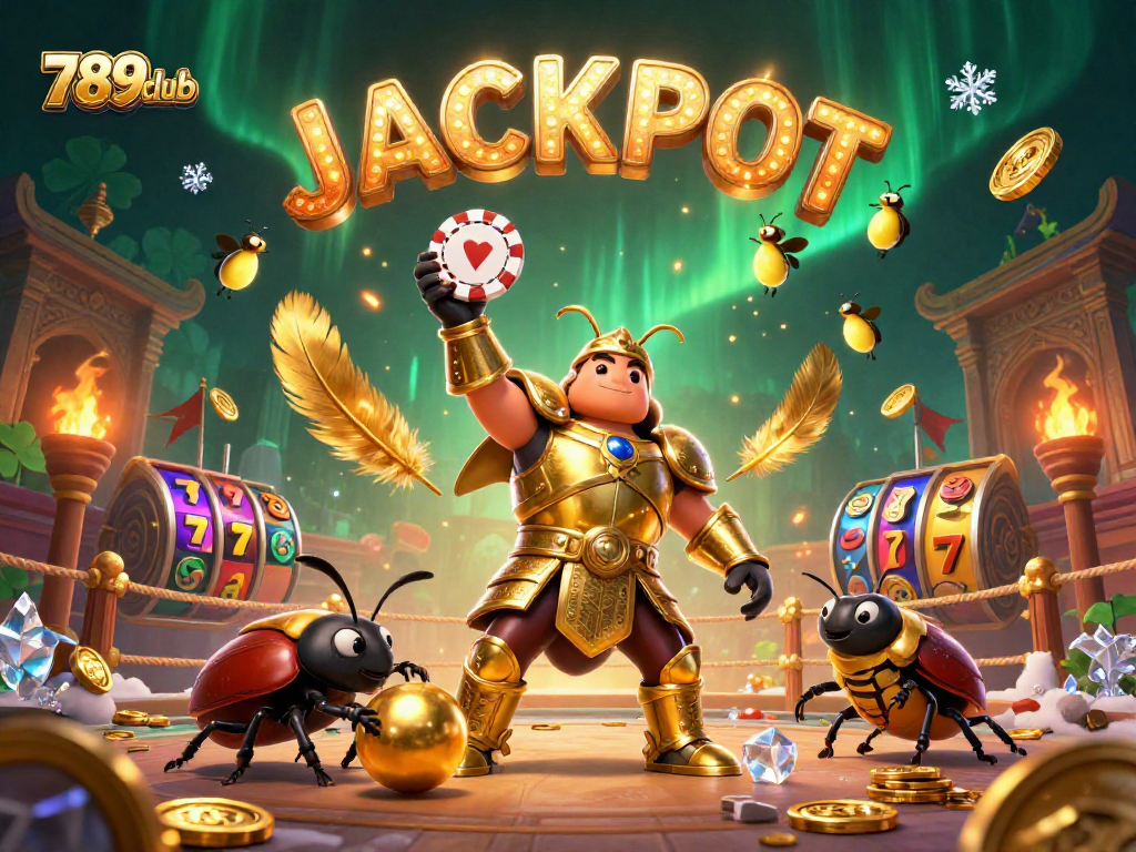 Experience the thrill of winning at 789club with vivid 3D illustration showcasing a gladiator beetle celebrating jackpot.