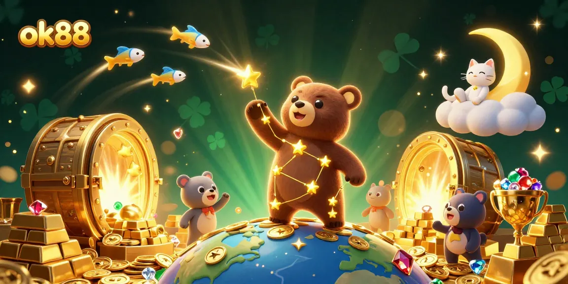 Experience the thrill of winning at ok88 with a captivating scene of a constellation bear collecting coins amidst a dazzling casino environment.