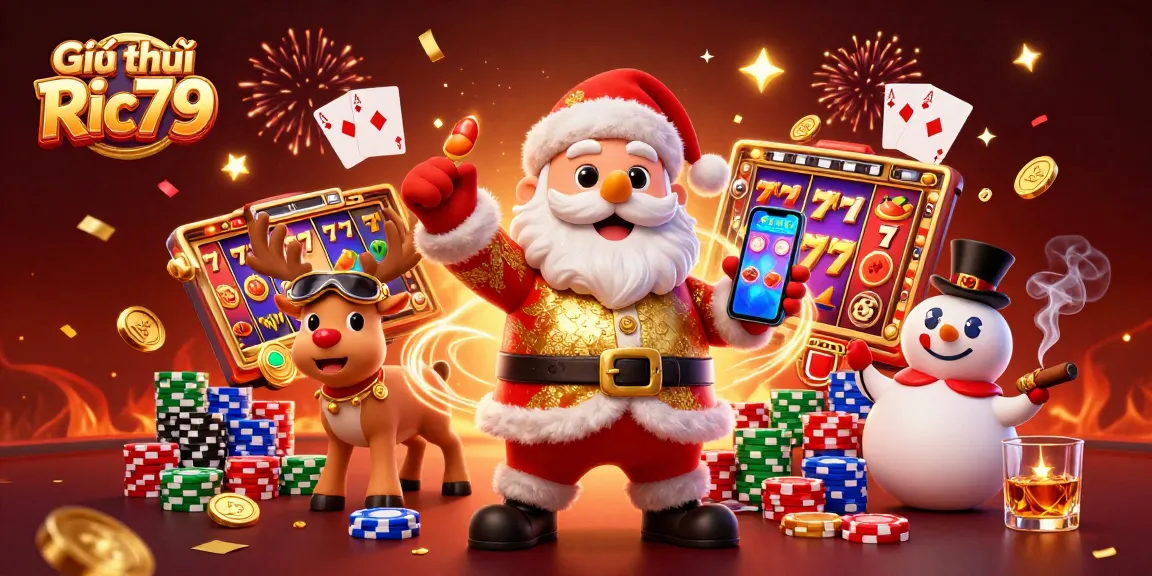 Engage with Giới thiệu Ric79 featuring a lively casino scene with Santa and friends enjoying slot games.