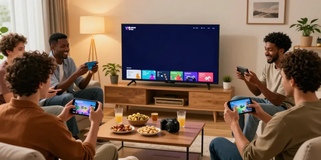 Adults enjoying Yono Games together in a lively living room setting.