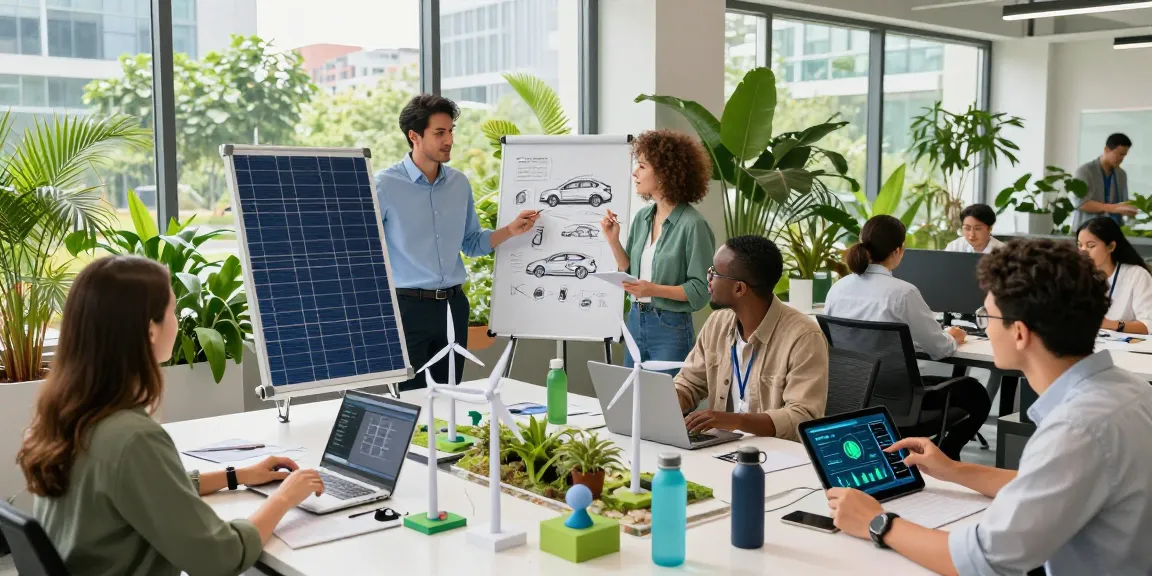 Team collaboration in Green Tech Valley: Technologie-Hotspot showcasing sustainable technology innovations and eco-friendly designs.