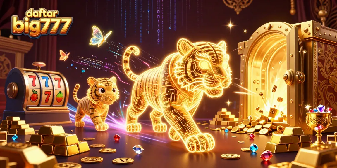 Engage with daftar big777 in this dynamic casino scene with golden tiger and vibrant slot elements.