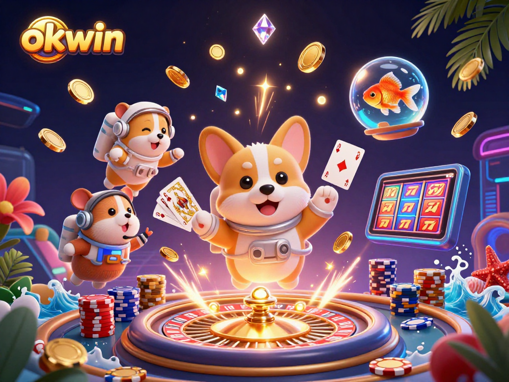 Engage with okwin’s vibrant casino experience featuring a space-themed 3D illustration of a corgi astronaut amidst floating poker chips and coins.