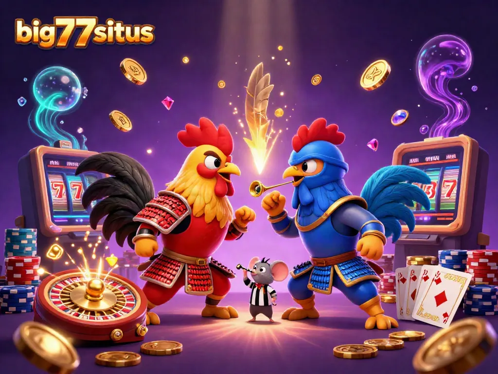Experience the thrill of big777situs with 3D fighting roosters amid cascading coins and roulette.
