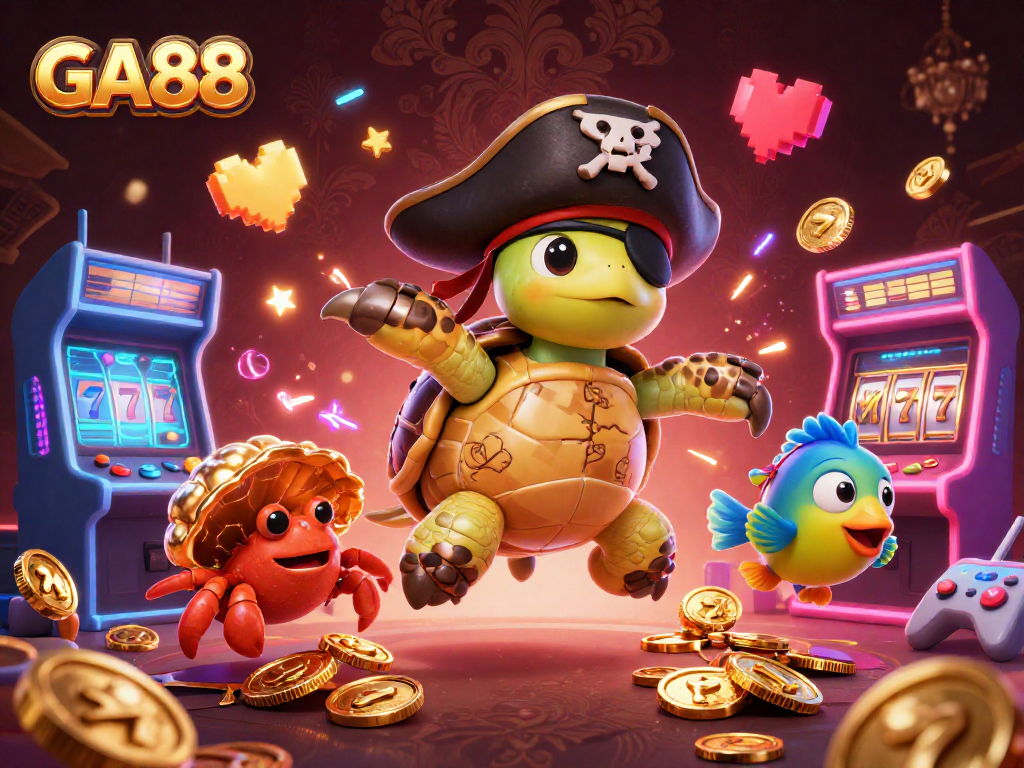 Experience the excitement of GA88 slots with a vibrant 3D turtle pirate scene filled with colorful casino elements.