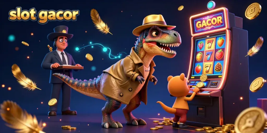Experience the thrill of slot gacor with a cartoon velociraptor, stegosaurus pit boss, and compy pickpocket in an action-packed casino scene.