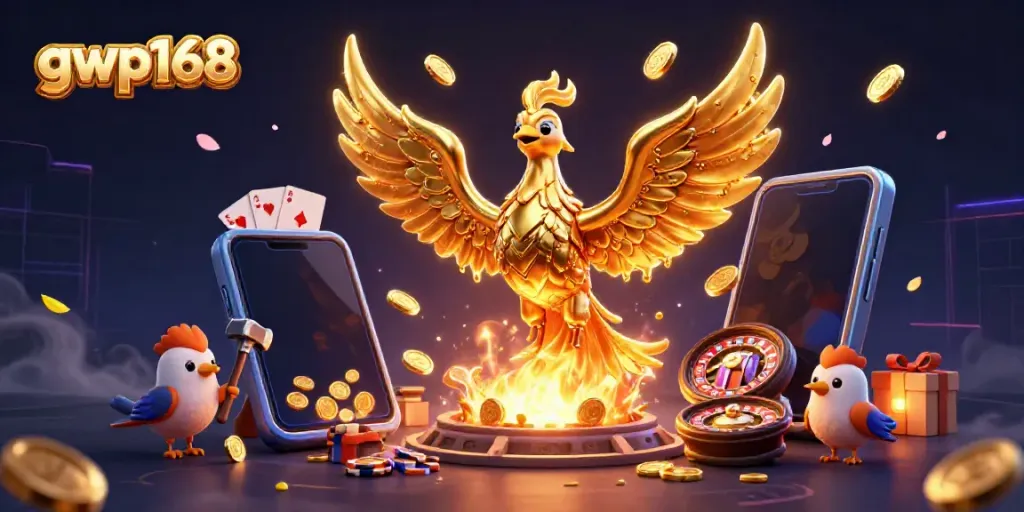 GWP168 menghadirkan ilustrasi slot dengan phoenix emas dari logam cair dan permainan menguntungkan.