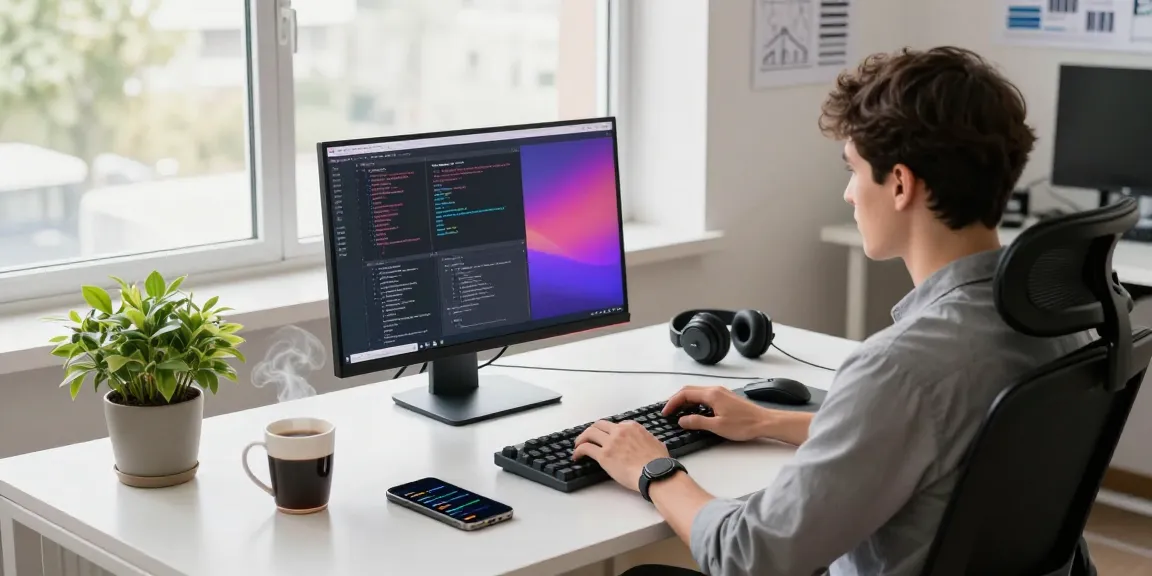 Website developer near me working in a bright modern office, coding on a high-resolution monitor with design sketches around.