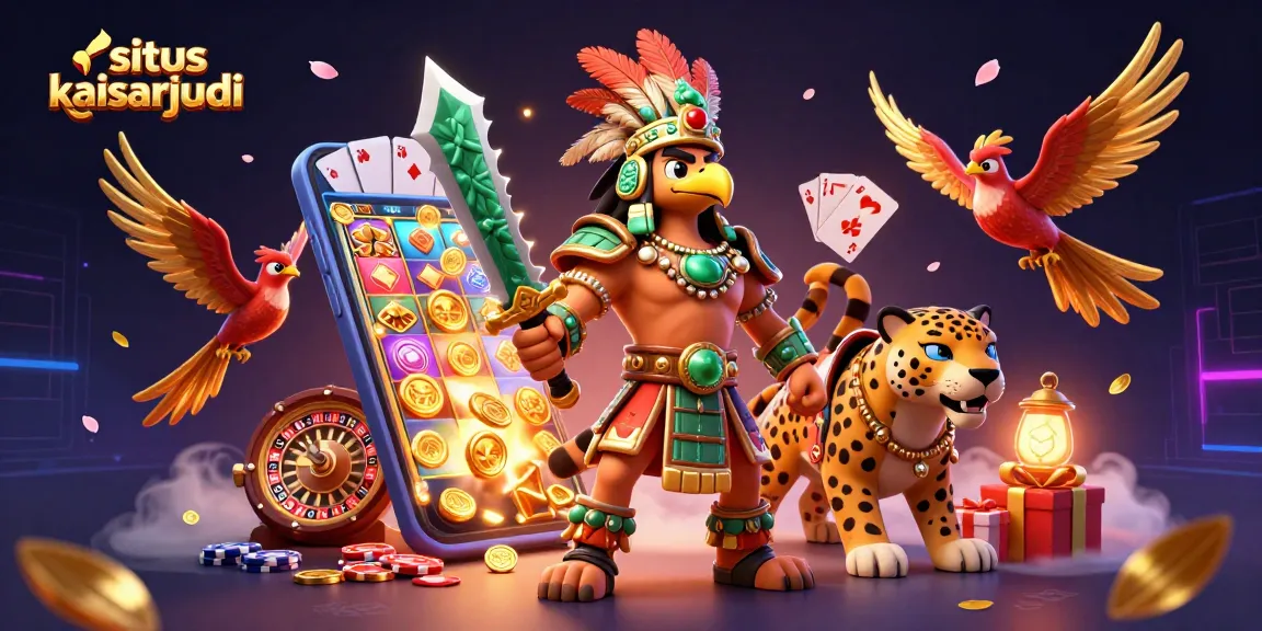Play slots on situs kaisarjudi with Aztec warriors amidst a colorful casino adventure.