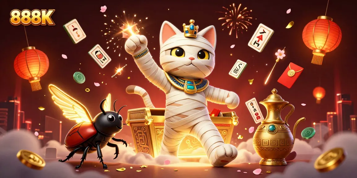 Experience thrilling gameplay with 888K's vibrant casino-inspired 3D illustration featuring a mummy cat and exciting game elements.