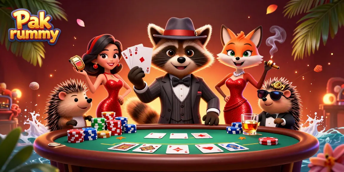 Play exciting Pak rummy with a charismatic raccoon and friends in a vibrant casino scene.