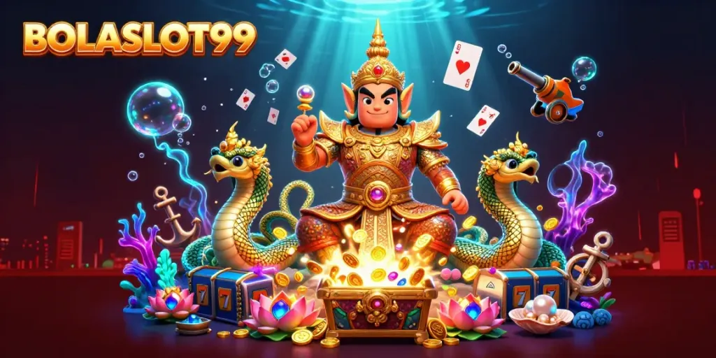 Experience exciting wins with BOLASLOT99, showcasing golden guardians and vibrant casino elements in action.