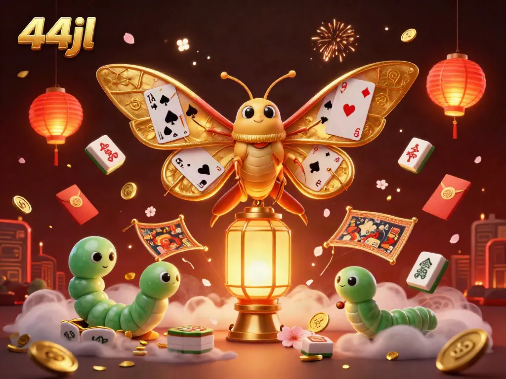 Engage with 44jl's vibrant casino scene featuring a majestic moth and dynamic gaming elements.