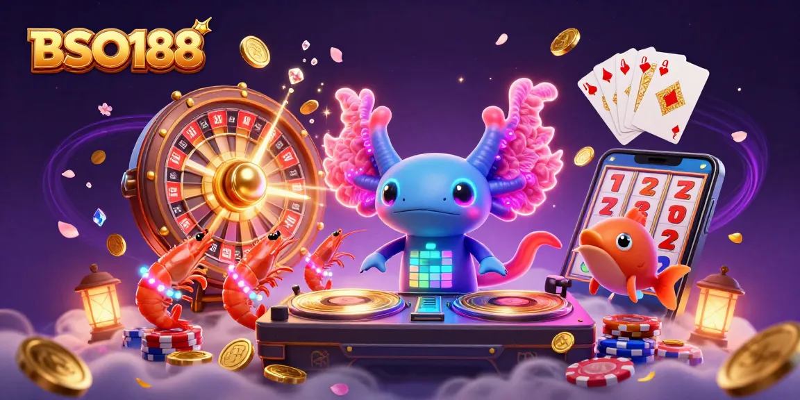 Engage with BSO188's vibrant 3D casino scene featuring colorful characters and sparkling gems.