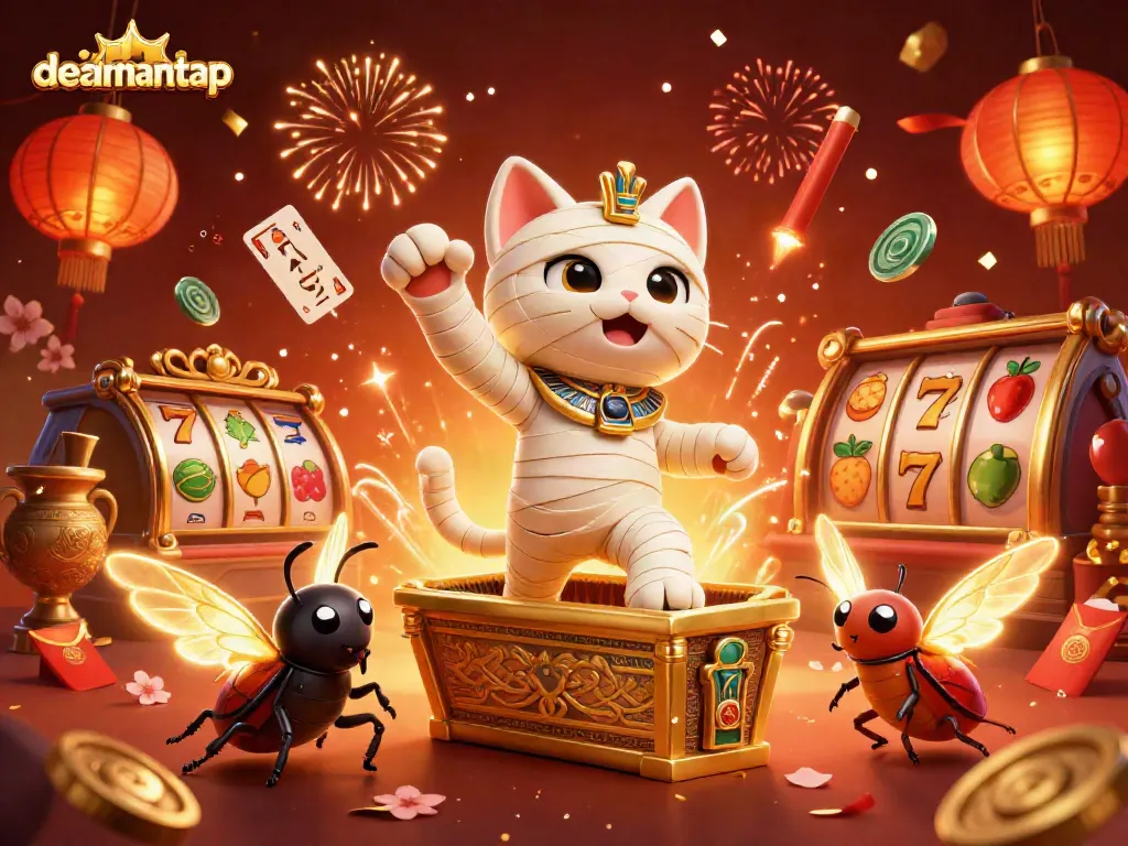 Experience the thrill of dealmantap with a vibrant 3D casino scene featuring a mummy cat and slot elements.