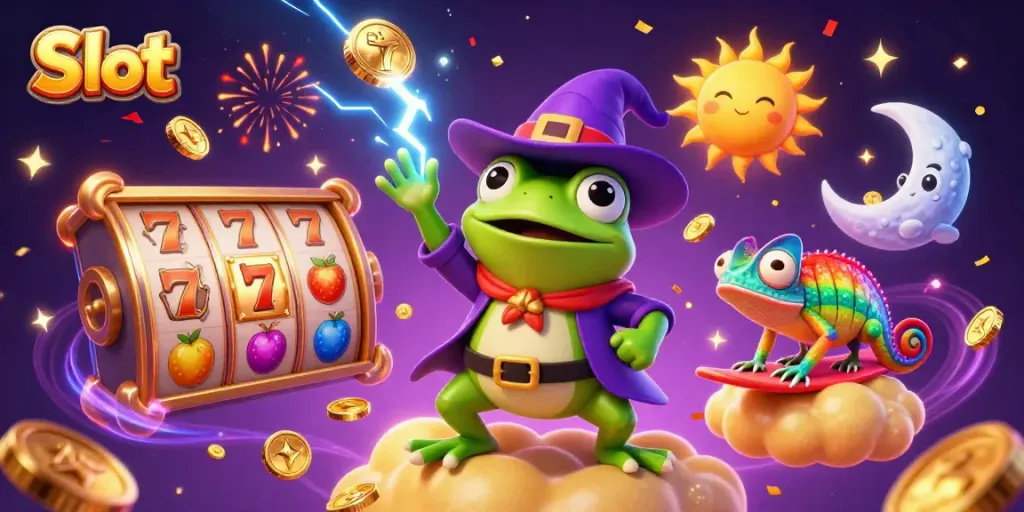 Experience thrilling Slot games with a magical scene of a frog wizard amidst coins and vibrant symbols.