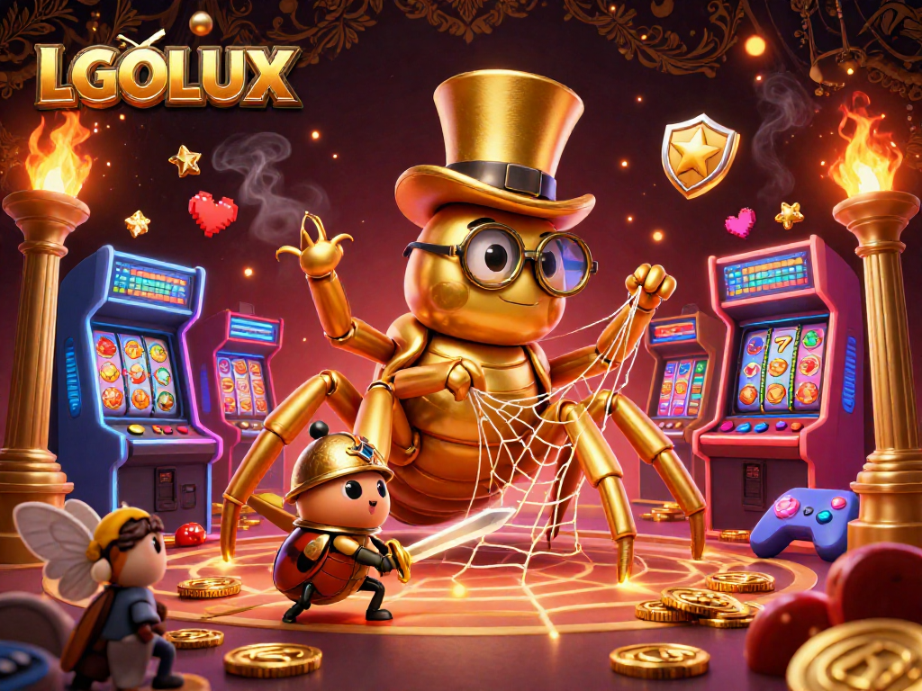 Experience the excitement of LGOLUX with a dynamic casino-themed illustration filled with characters and gaming elements.
