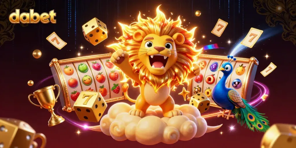 Experience thrilling gameplay with DABET's vibrant 3D casino illustration featuring slot elements and dynamic characters.