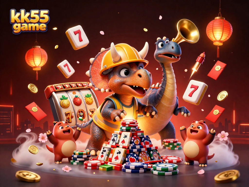 Engage with kk55 game: Celebrate wins in a vivid 3D casino scene featuring playful characters and dynamic gaming elements.