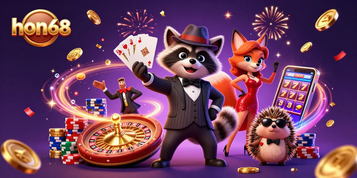Join the fun at hon68 with a suave raccoon, chic fox lady, and a hedgehog bouncer in a vibrant casino atmosphere.
