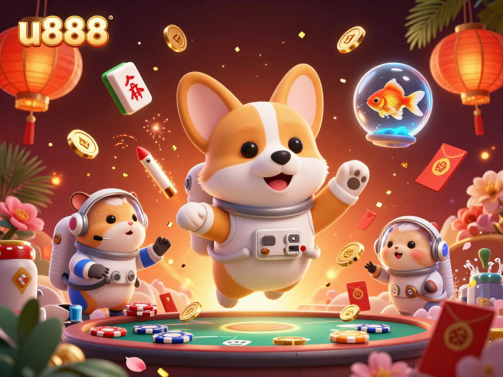 Join the excitement of u888 with a playful astronaut corgi in a themed casino, surrounded by glittering games and festive elements.