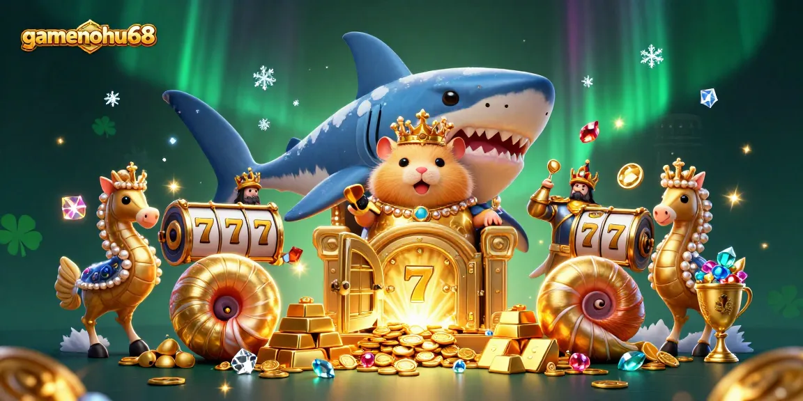 Engage with gamenohu68's slot throne scene, showcasing a golden hamster king and vibrant treasures.