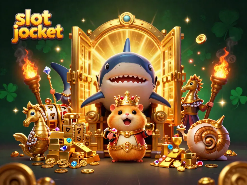 Experience the thrill of slot jackpot with a golden hamster king and treasure in a vibrant casino world.