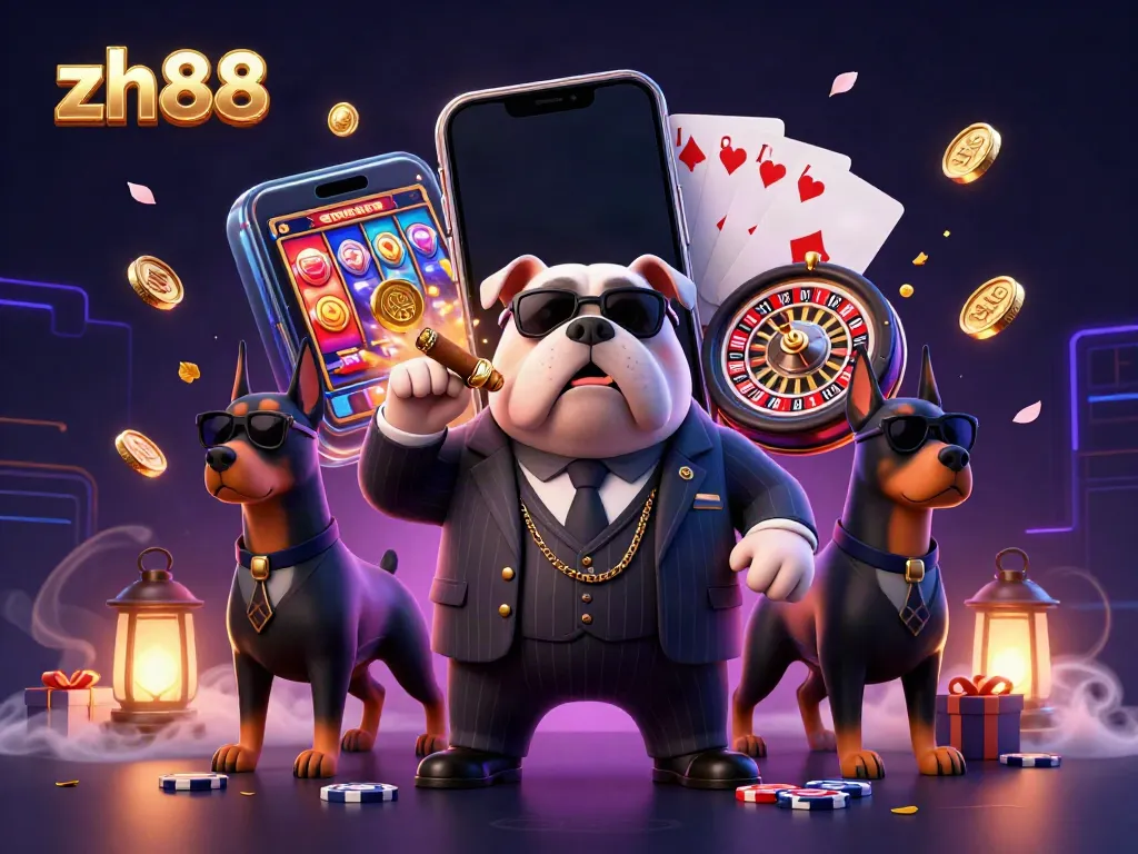Join the zh88 platform with a mafia boss bulldog and bodyguard Doberman pinschers in a lively gaming scene.