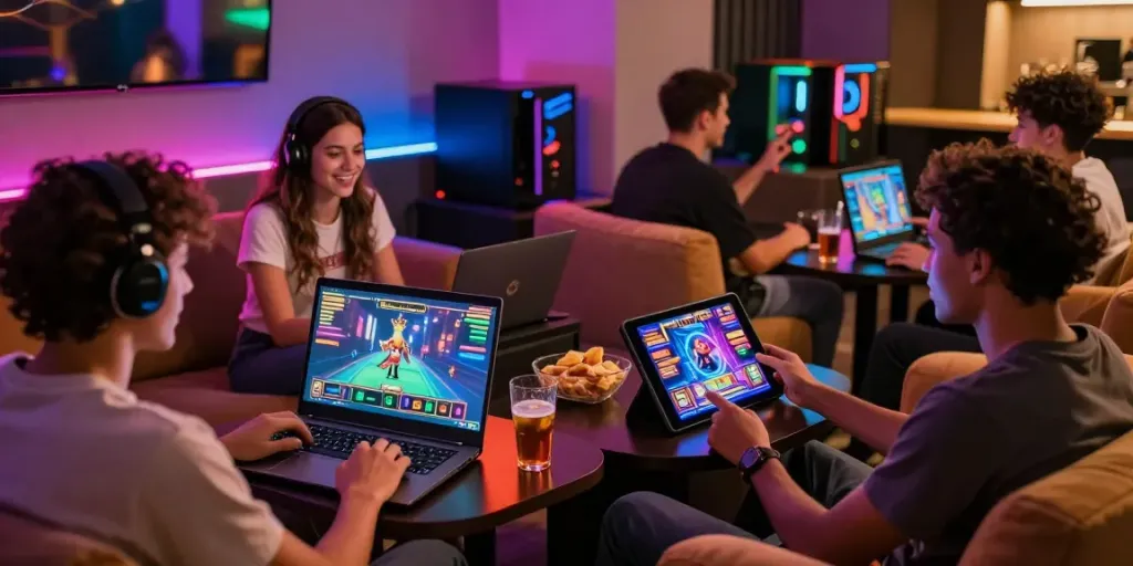 Exciting yumetoto gaming lounge experience with friends enjoying slot games.