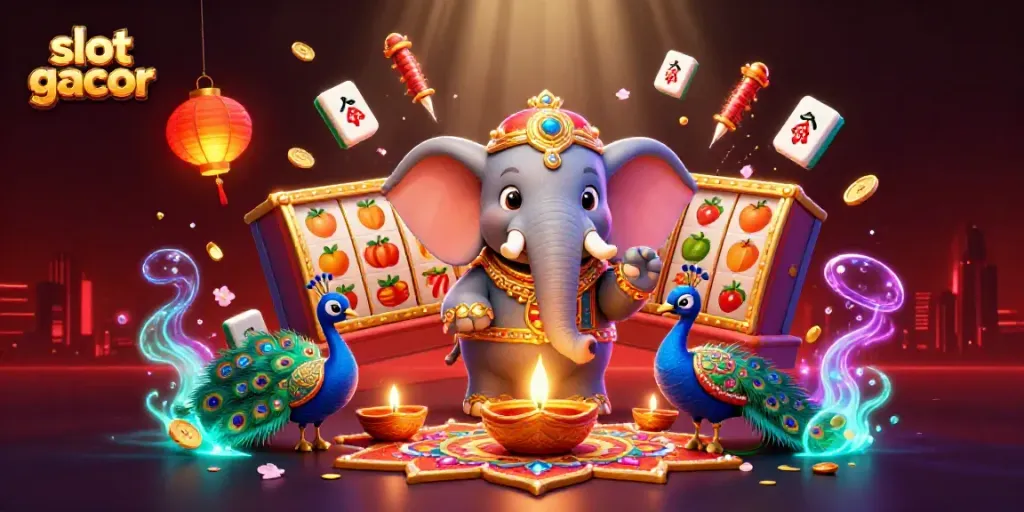Engage with slot gacor excitement featuring a vibrant scene of an ornate elephant and peacock surrounded by playful gaming elements.