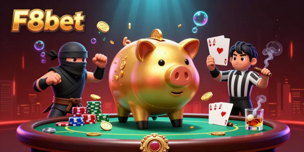 Immerse in a vibrant casino scene where F8bet's golden piggy bank sumo wrestler energizes the environment, surrounded by poker elements.