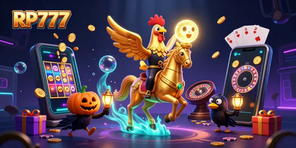 Experience the thrill of RP777 with vivid 3D casino illustrations showcasing a golden rooster hero amidst vibrant slot game elements.