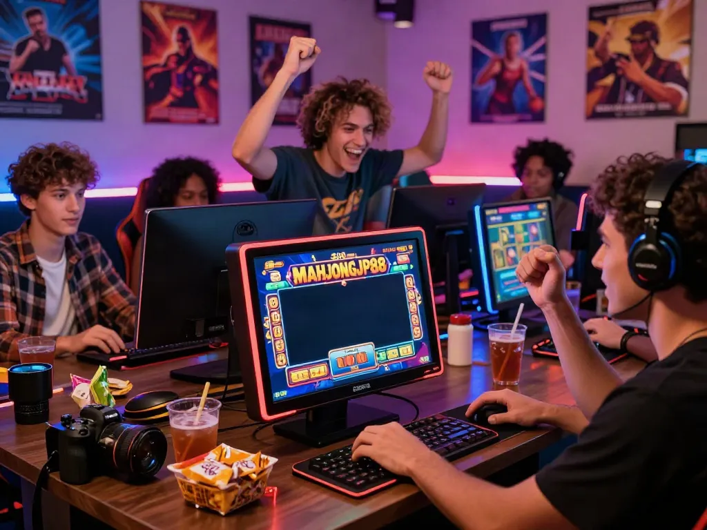 Excited players celebrating a win on Slot MAHJONGJP88 in a vibrant gaming setup.