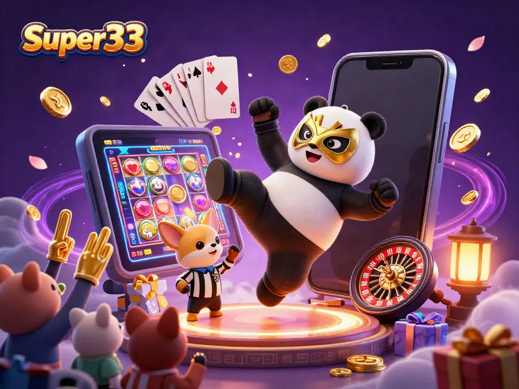 Experience thrilling gameplay with super33 featuring a panda wrestler and chihuahua referee in this vibrant scene.