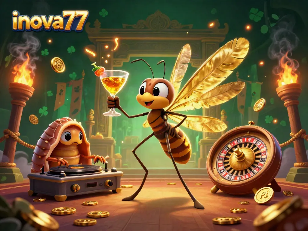 Engage with inova777's thrilling gaming action featuring casino mascots and vibrant golden elements.