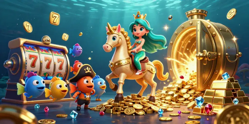 King999 putri duyung bermain slot dengan sekelompok ikan berwarna-warni di latar belakang yang mewah.