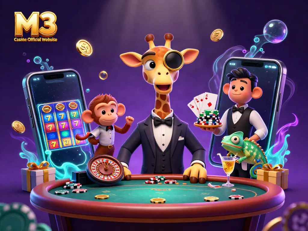 Engage with dynamic gaming at the M3 Online Casino Official Website featuring a high-roller giraffe, monkey valet, and chameleon bartender.