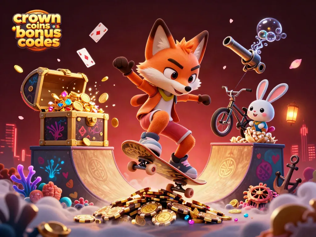 Crown coins bonus codes featured in a vibrant 3D illustration with a playful fox and rabbit in a casino setting.