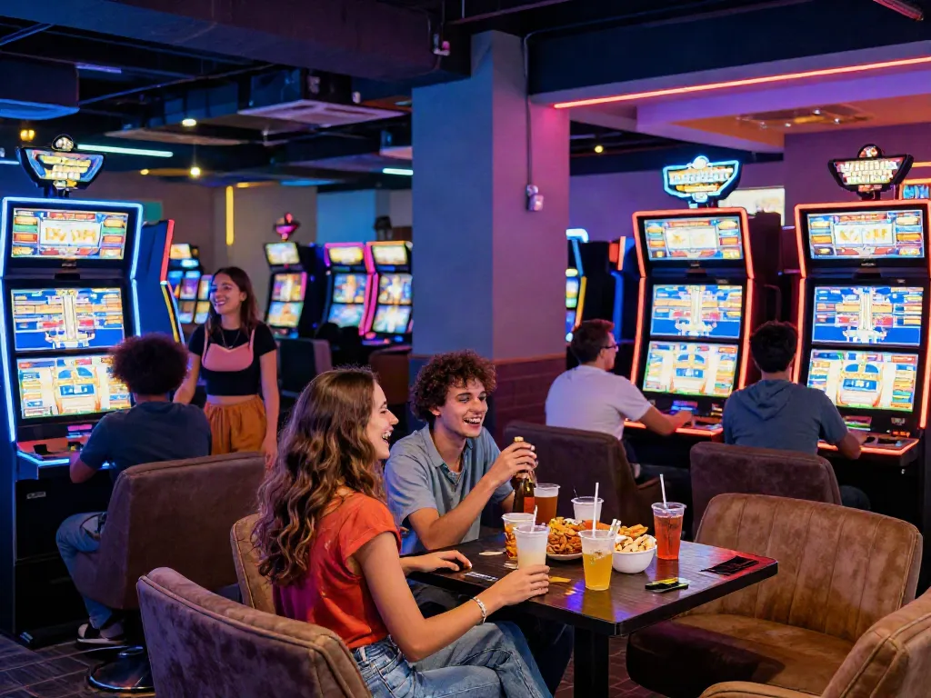 Friends enjoying slot games in a lively casino environment with neon lights.