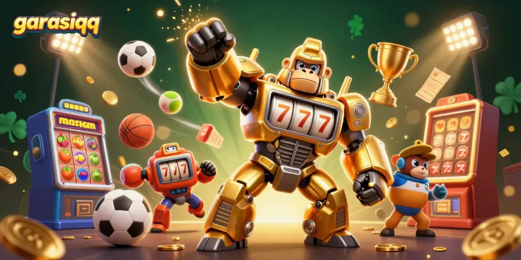 Experience garasiqq excitement with a golden gorilla mech amid slot machine elements and dynamic sports balls.