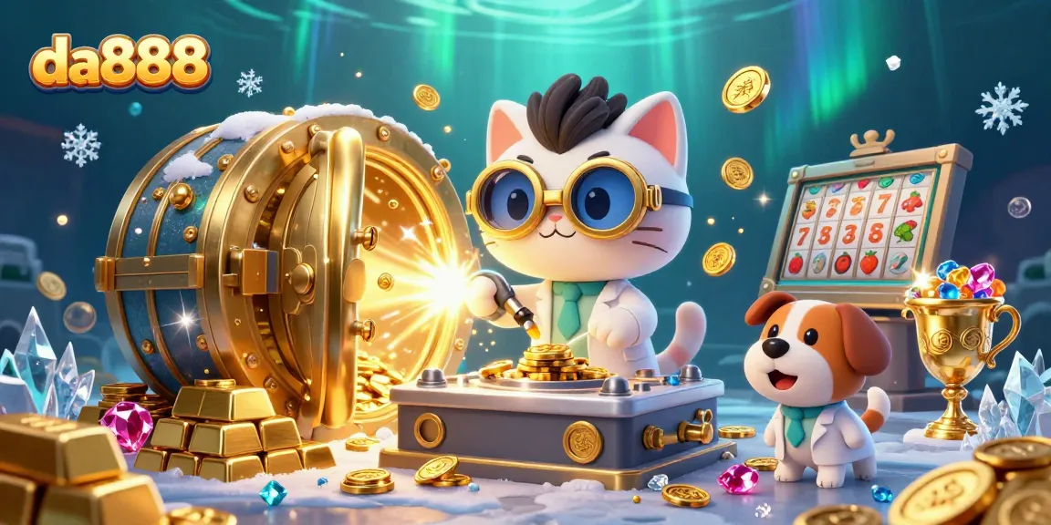 Spin and win with da888 in a vibrant 3D casino scene featuring golden treasures and playful characters.