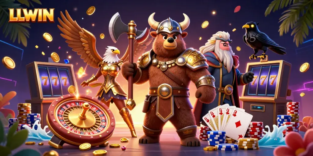 Win big with LLWIN featuring energetic Viking bear and Valkyrie eagle amidst casino treasures.
