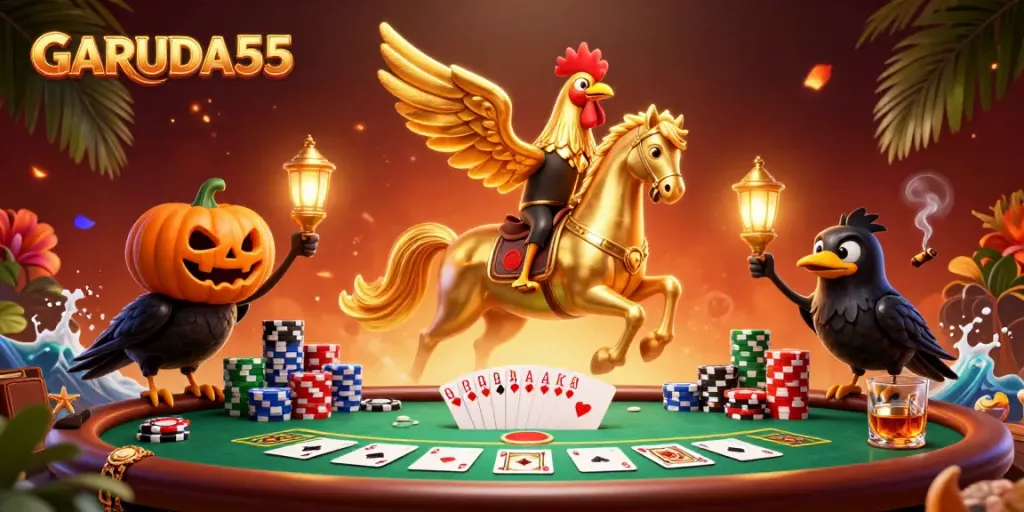 Engage in thrilling GARUDA55 casino action with a golden rooster and poker elements.