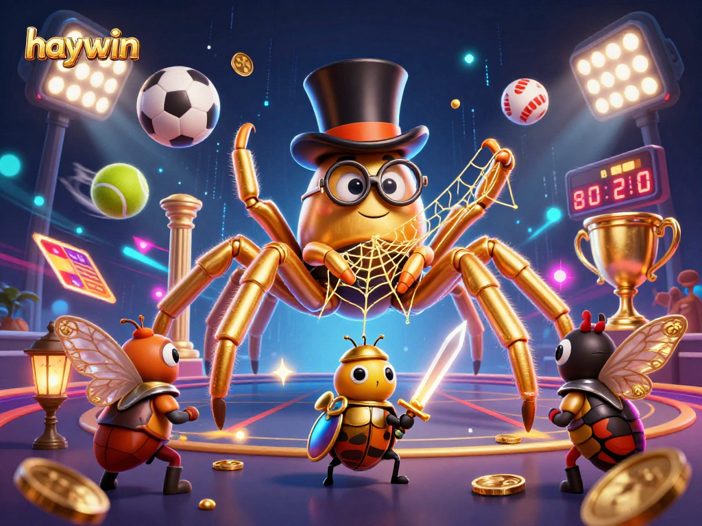 Experience the excitement of haywin with a golden tarantula and beetle knight in a vibrant casino scene.